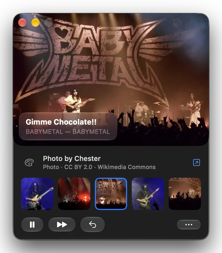 The Mini Player during BABYMETAL's Gimme Chocolate!!: a concert photo of the band under their giant BABYMETAL logo, credited Photo by Chester, CC BY 2.0, Wikimedia Commons, with a strip of five more concert photos and the controls.