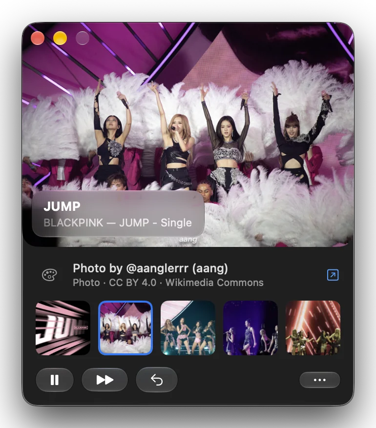 The Mini Player during BLACKPINK's JUMP: the four members on stage among white feather fans, credited Photo by @aanglerrr (aang), CC BY 4.0, Wikimedia Commons, with the JUMP single cover and more stage photos in the strip.
