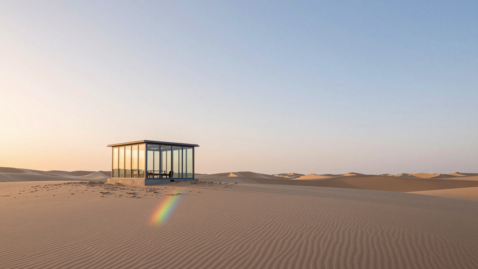 A small glass pavilion rests on pale dunes at dawn, scattering faint rainbows across the sand.