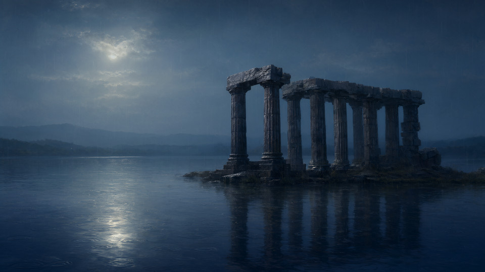 Soft rain falls on a ruined stone colonnade standing in still water at night, lit in deep blues by a moon behind thin cloud.