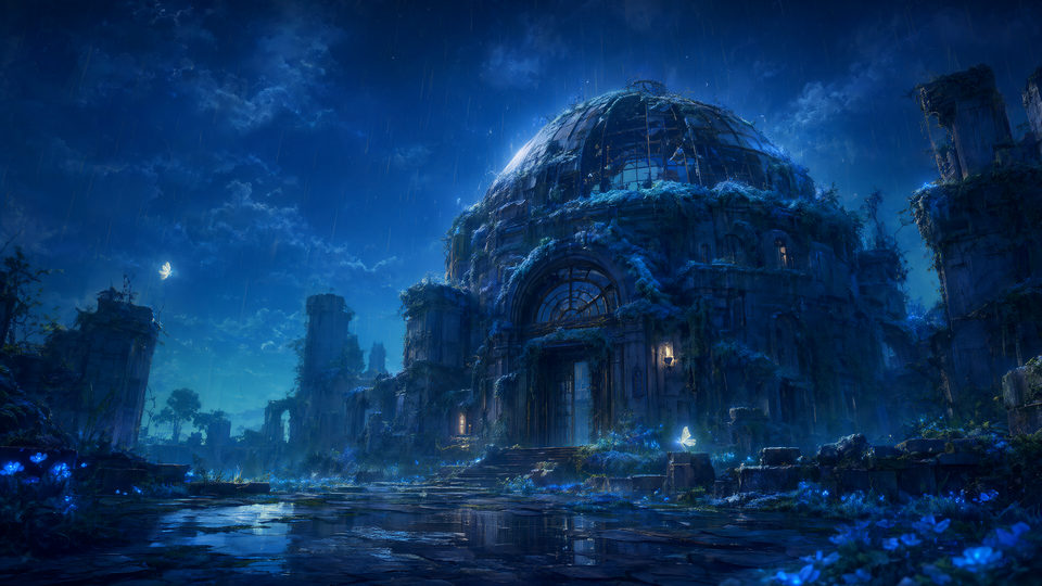 Rain falls on the ruins of a great domed observatory, overgrown and glowing with blue moss and flowers under drifting night clouds, with a few luminous moths.