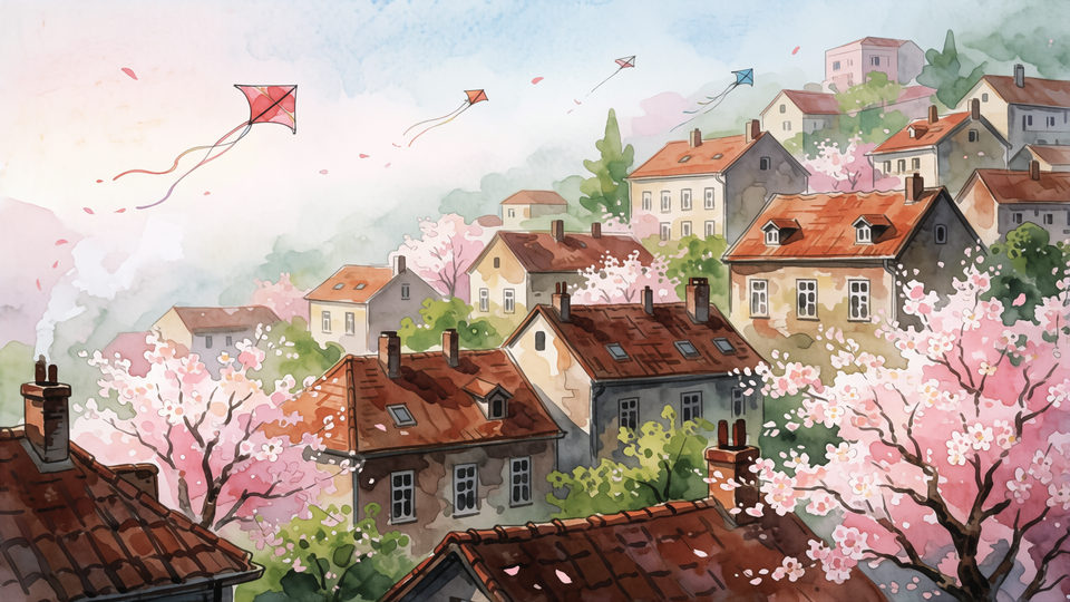 A watercolour of old hillside rooftops in spring, cherry blossom between the houses and kites drifting in a pale sky.