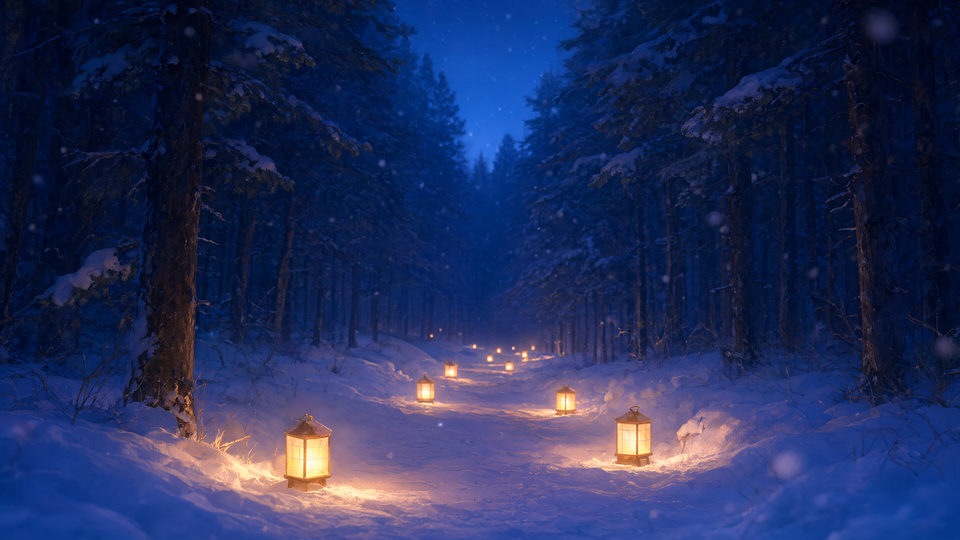 A path of small paper lanterns winds through a snowy pine forest at blue hour, warm light on fresh snow.